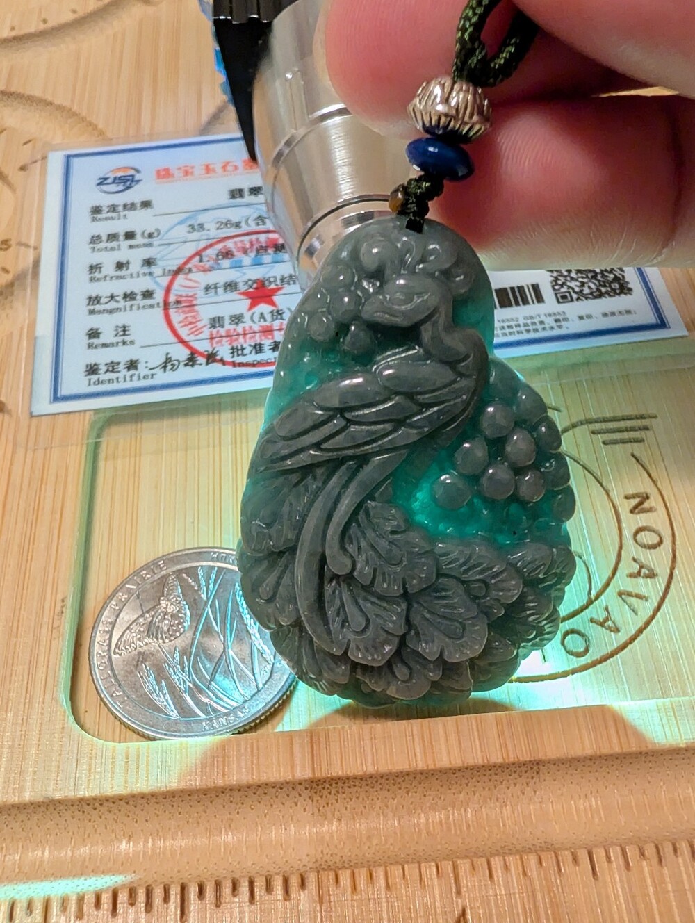 Burmese Jediete Dark Green Jade Peacock Pendant Necklace with Adjustable Cord